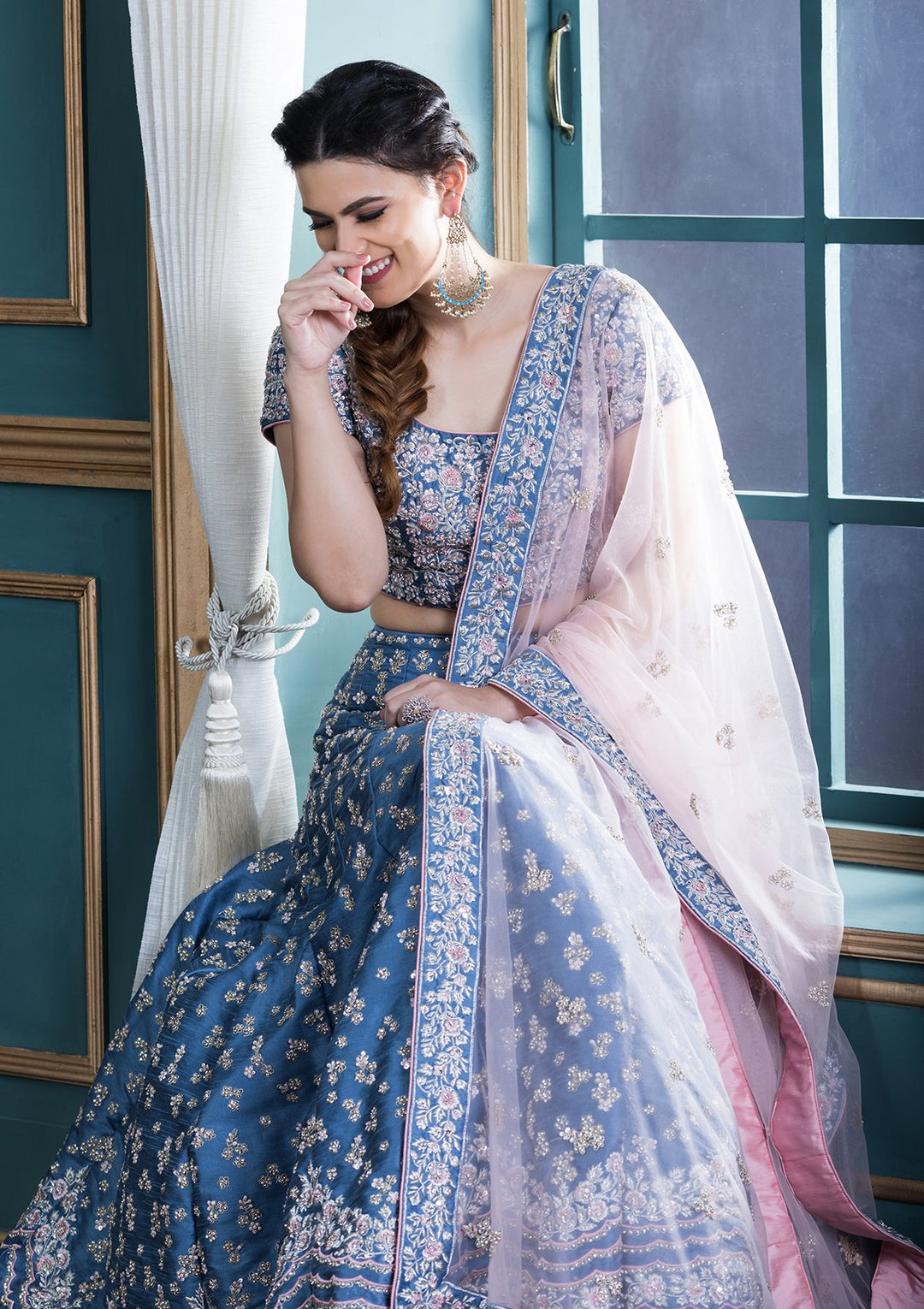 Blue Embellished Silk Designer Lehenga-Koskii