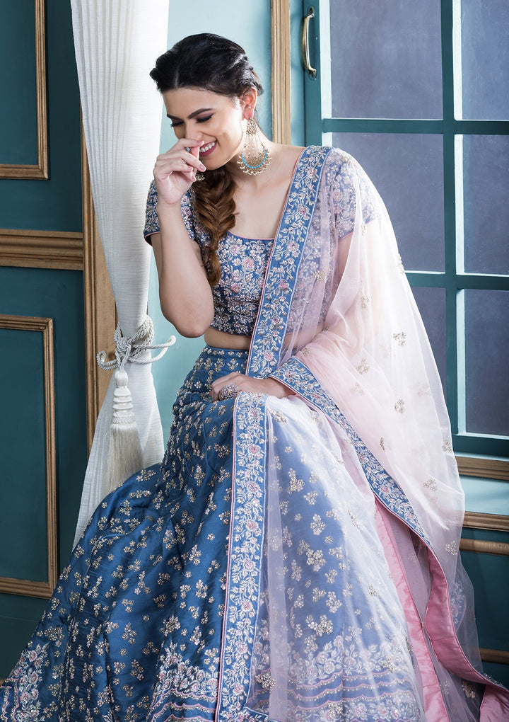 Blue Embellished Silk Designer Lehenga-Koskii