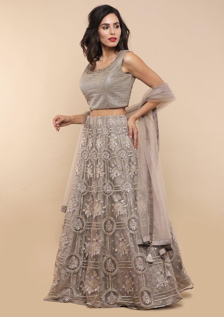 Grey Thread Work Net Designer Lehenga-Koskii