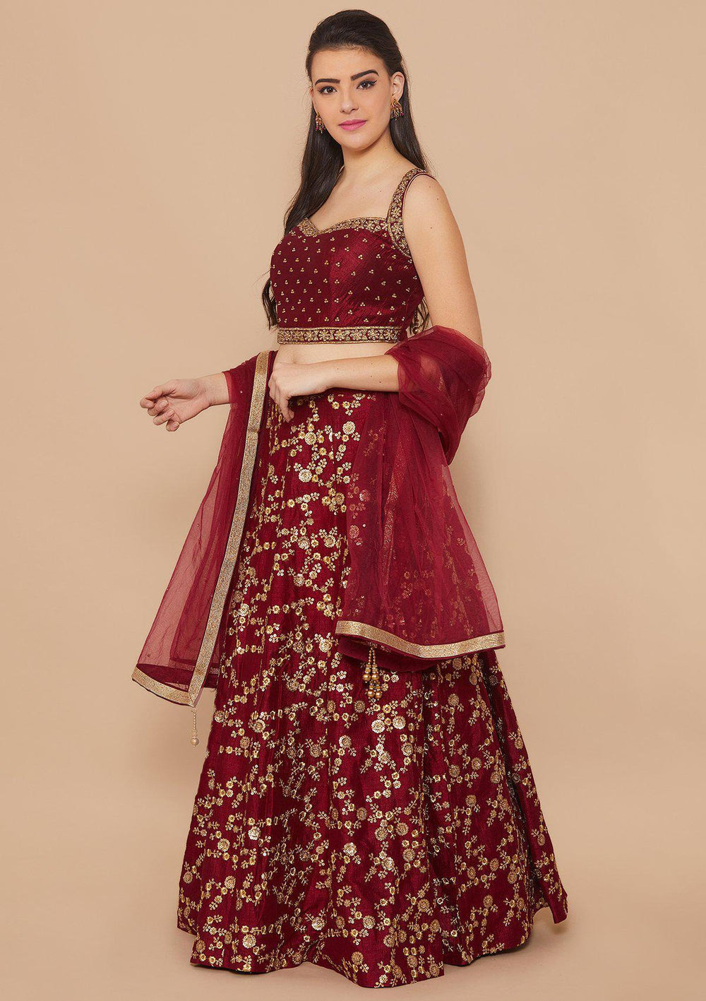 Crimson Stonework Raw-silk Designer Lehenga-Koskii