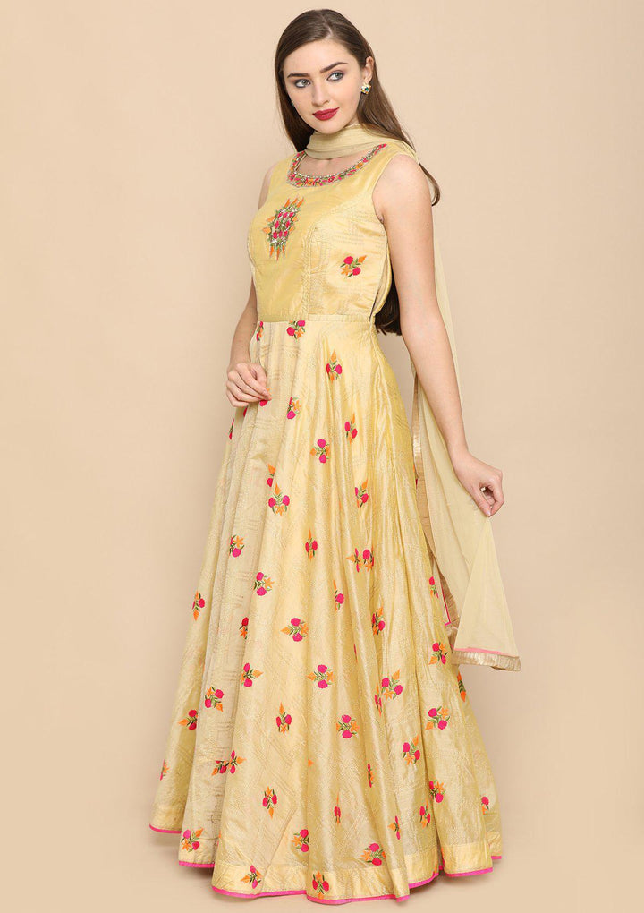 Yellow Thread Work Tissue Designer Gown-Koskii