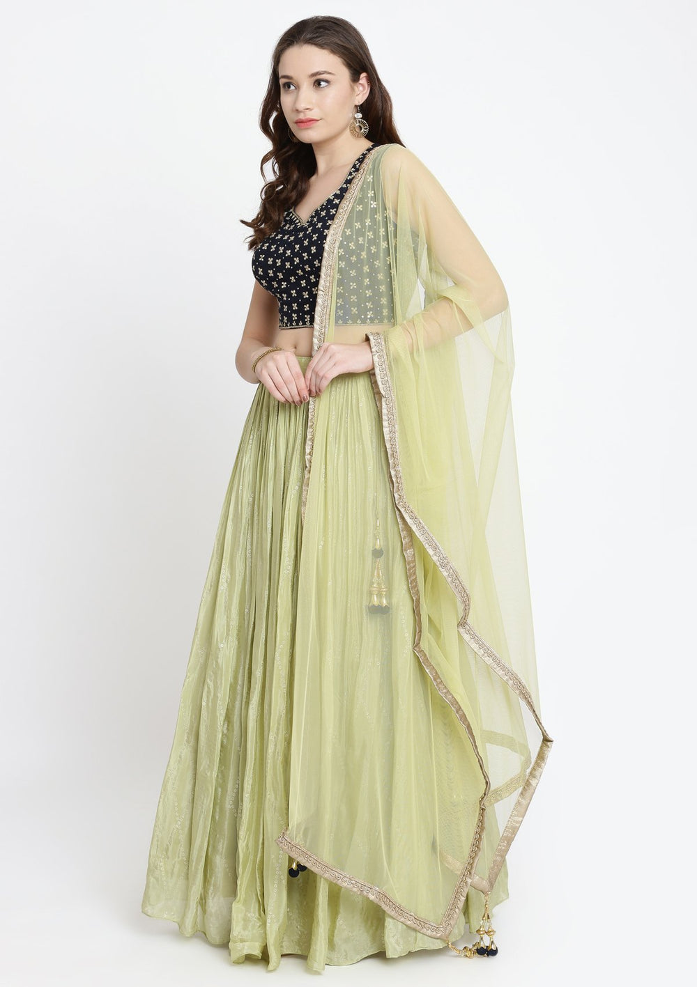 Pista Green and Navy Blue Mirrorwork Satin Designer Lehenga-Koskii