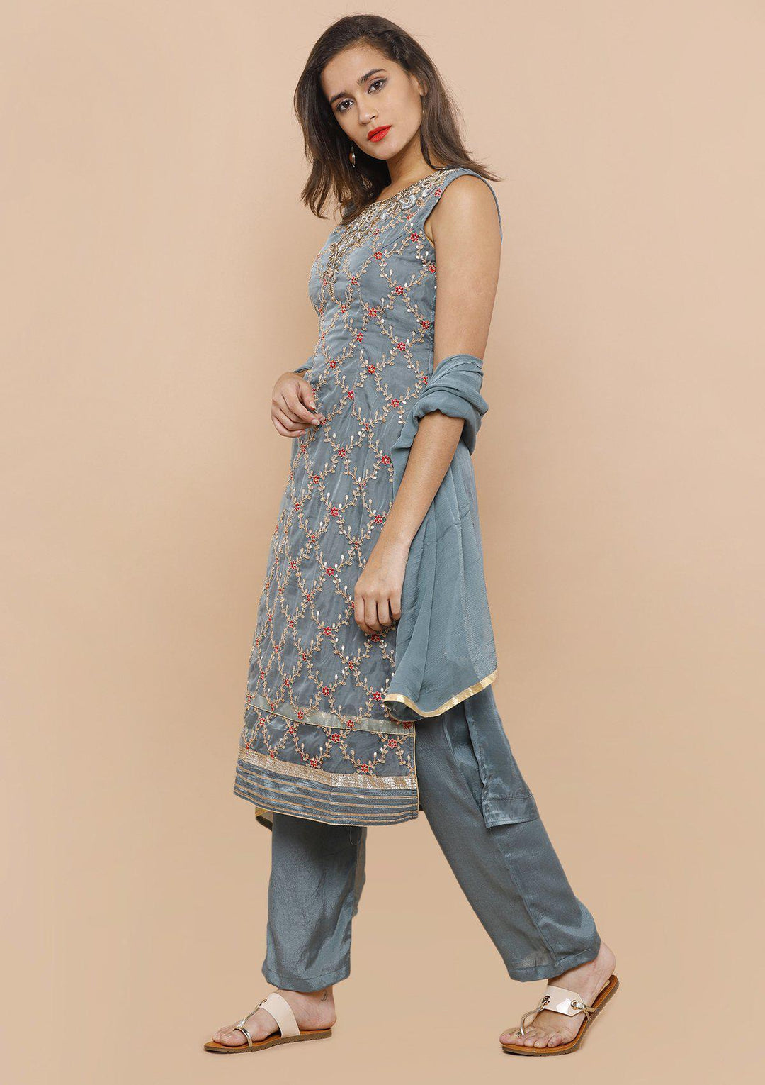 Grey Embellished Tissue Silk Designer Salwar Suit-Koskii