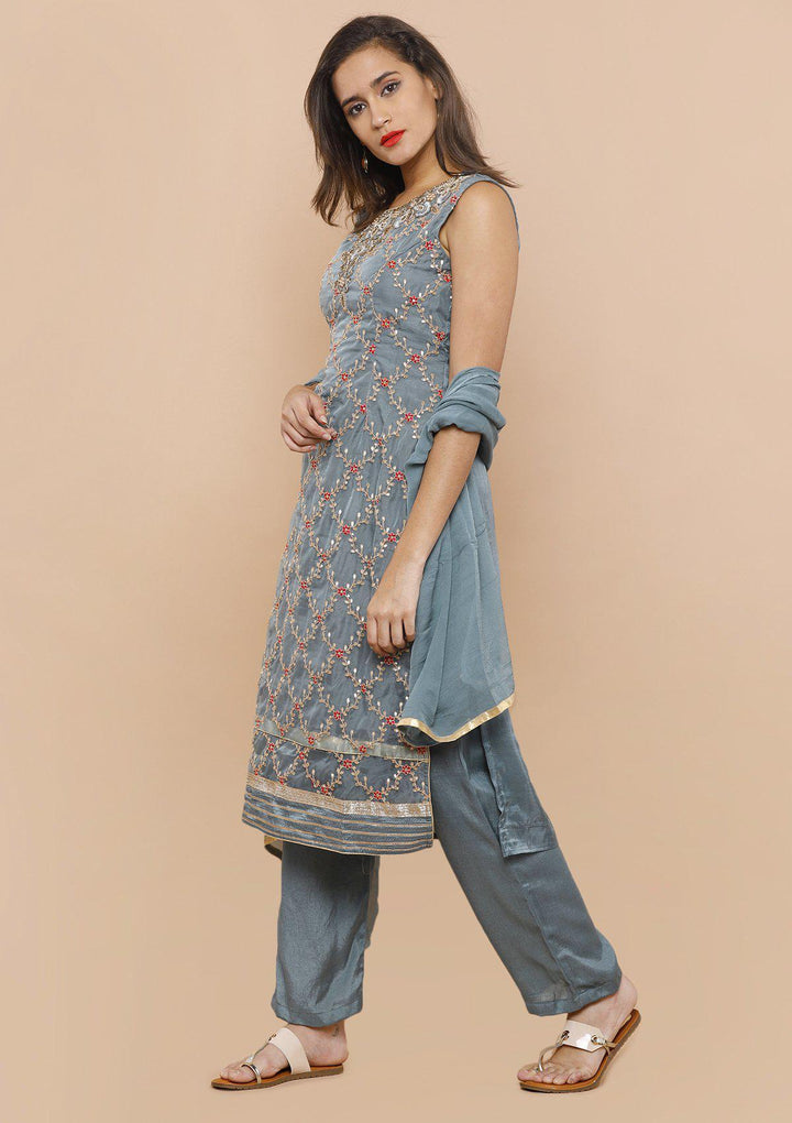 Grey Embellished Tissue Silk Designer Salwar Suit-Koskii