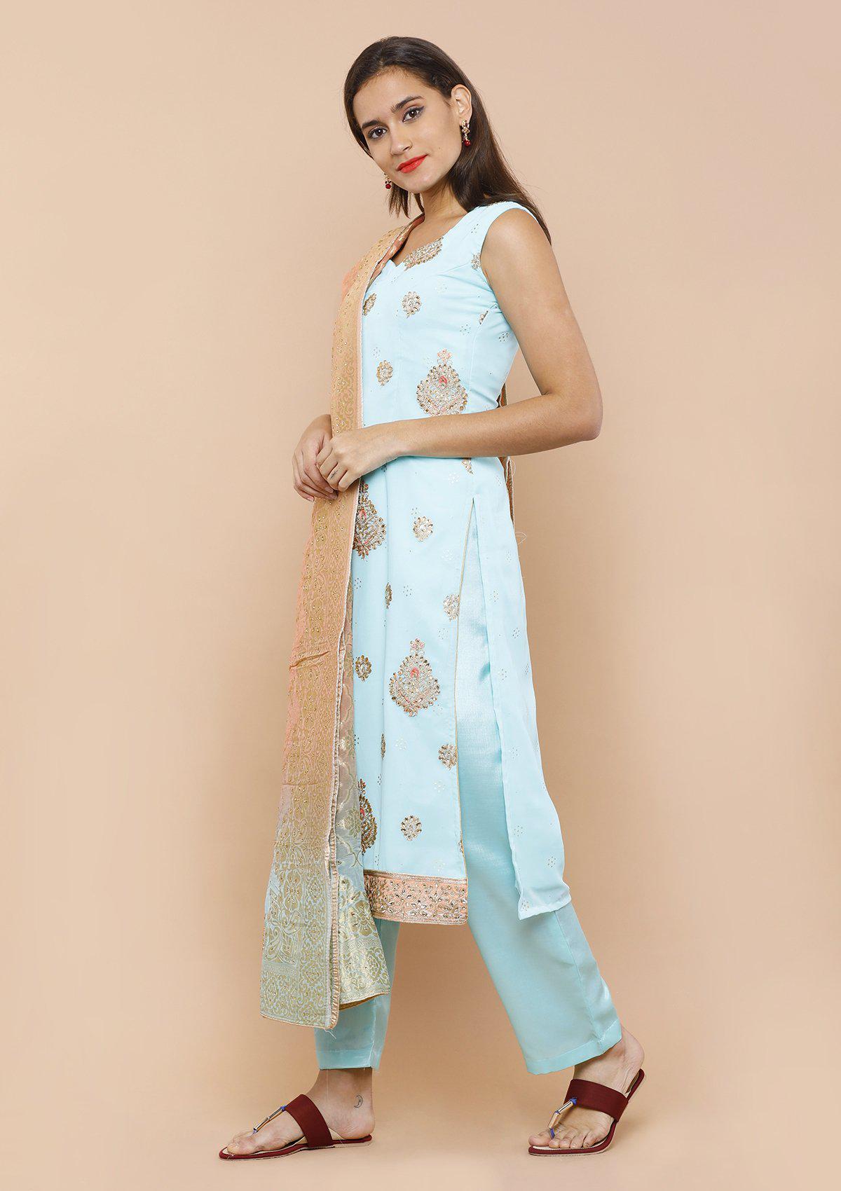 Peach and Blue Silk Designer Salwar Suit-Koskii