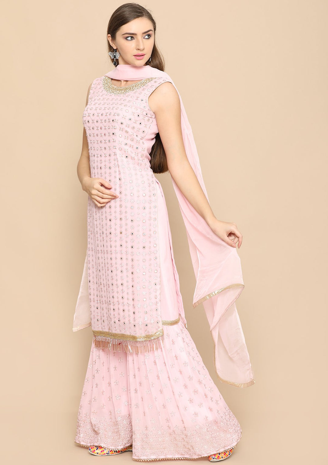Baby Pink Mirror Work Designer Salwar Suit-Koskii