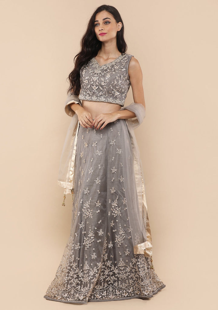 Grey Zari & Stone Work Silk Designer Gown-Koskii
