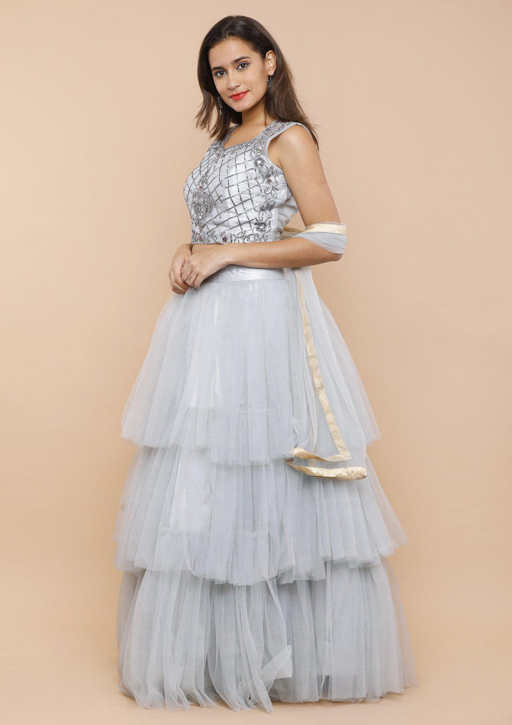 Silver Grey Ruffled Net Designer Lehenga-Koskii