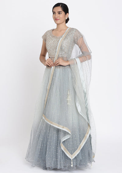 Light Grey Stonework Net Designer Lehenga - koskii