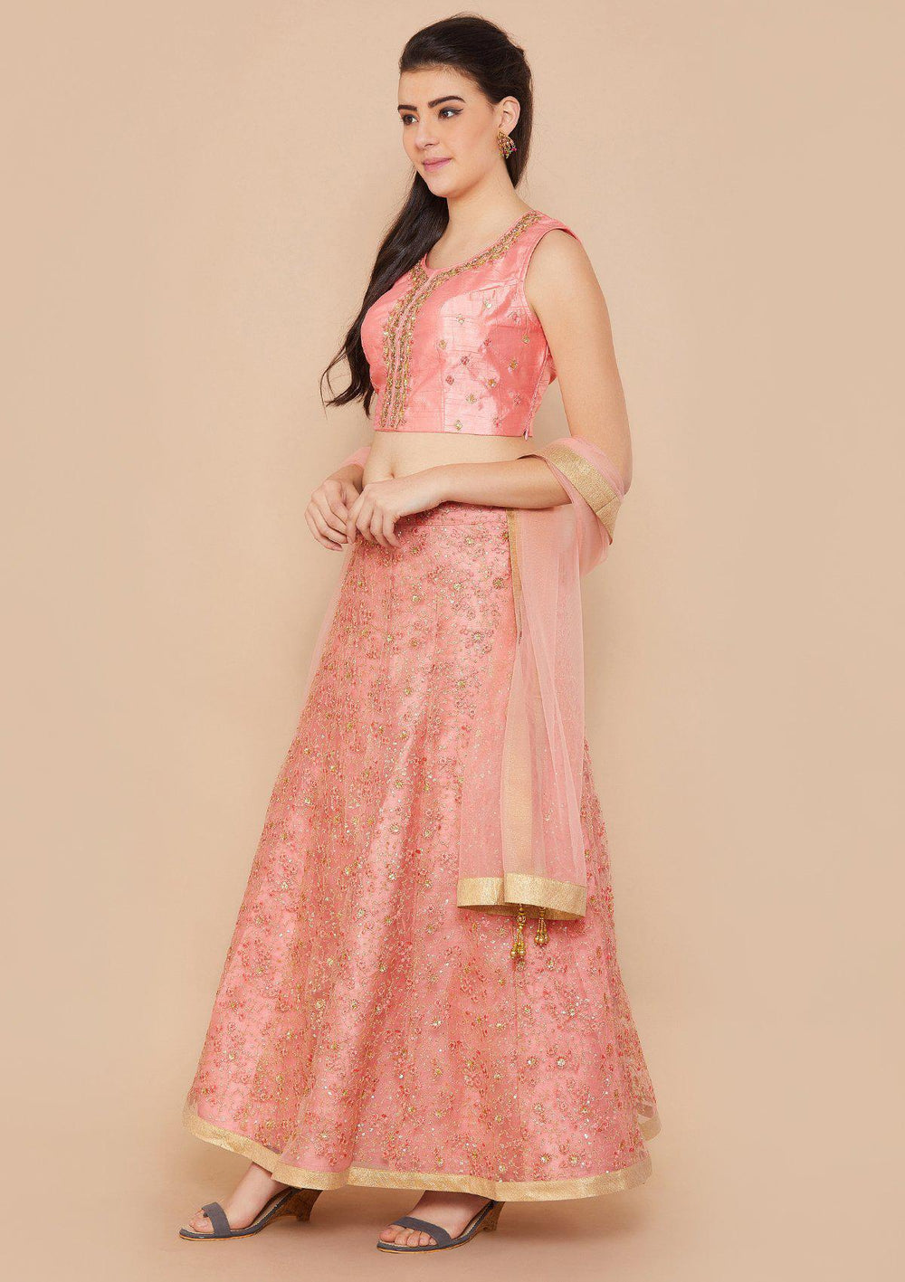 Pink Sequinned Net Designer Lehenga-Koskii