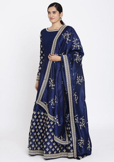 Navy Blue Zariwork Raw Silk Designer Gown - koskii