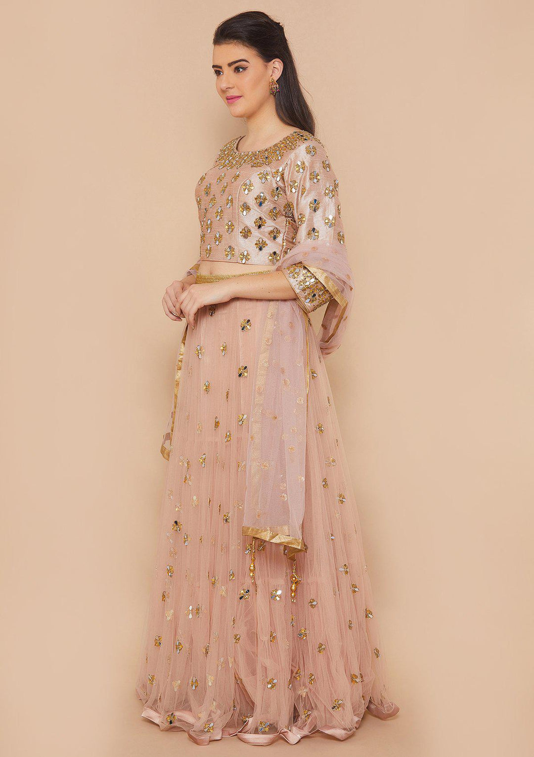 Dusty Rose Mirrorwork Net Designer Lehenga-Koskii