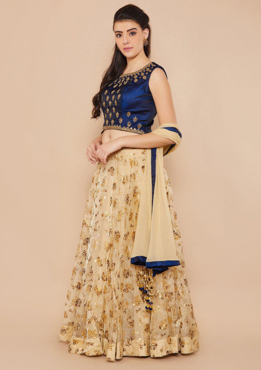 Gold and Blue Mirror-work Designer Lehenga-Koskii
