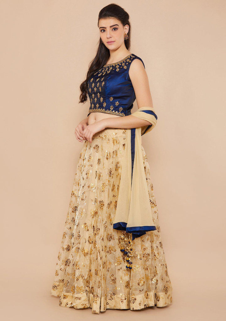 Gold and Blue Mirror-work Designer Lehenga-Koskii