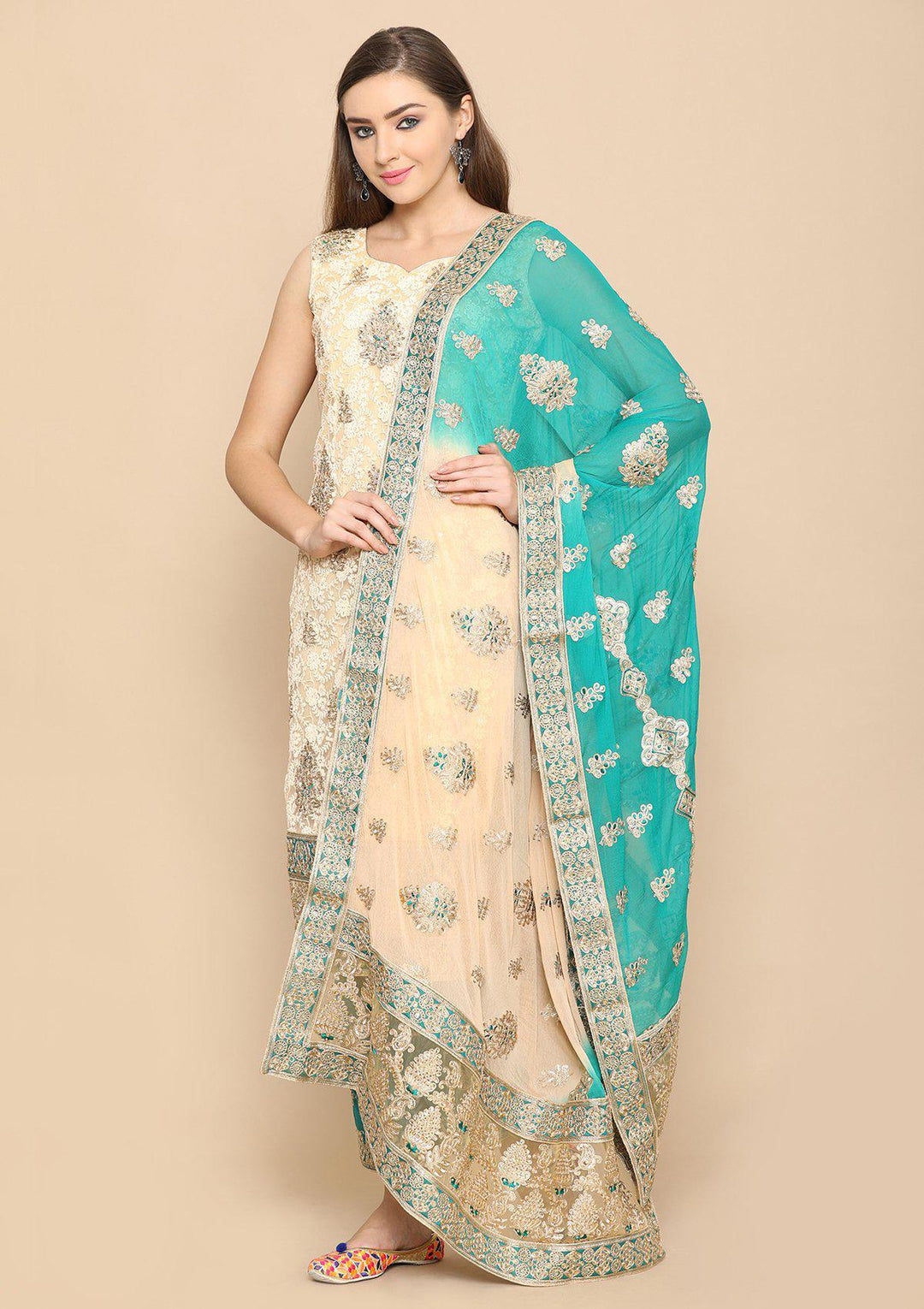 Beige and green designer salwar suit-Koskii