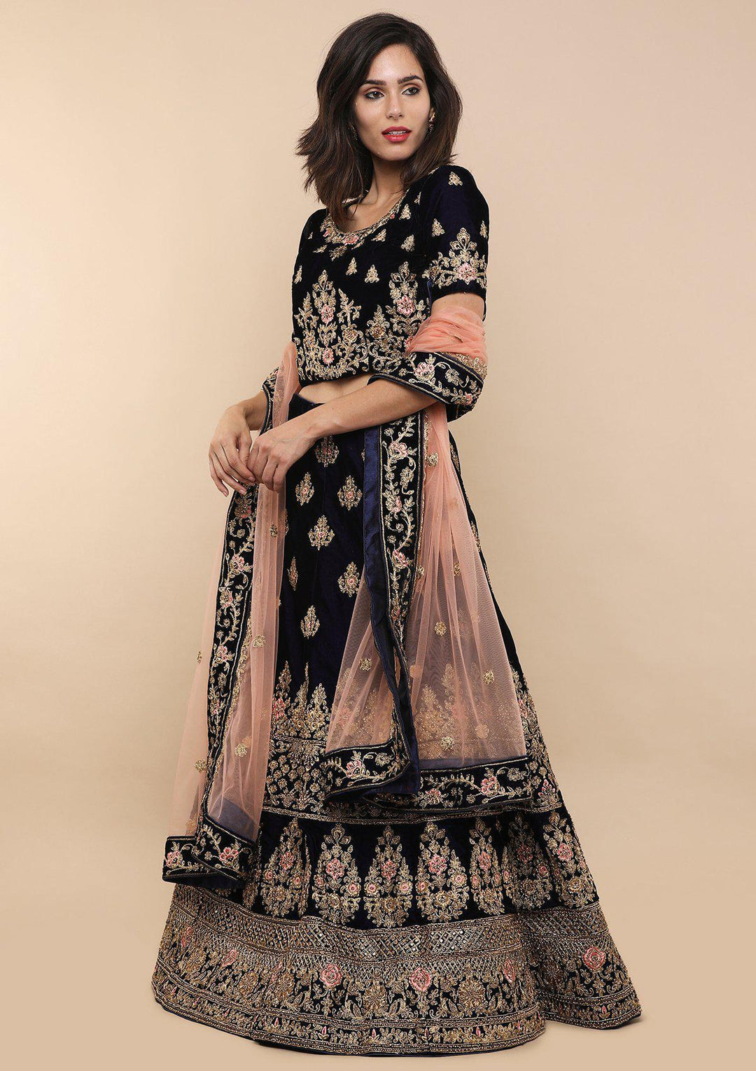Blue and Pink Velvet Designer Lehenga-Koskii