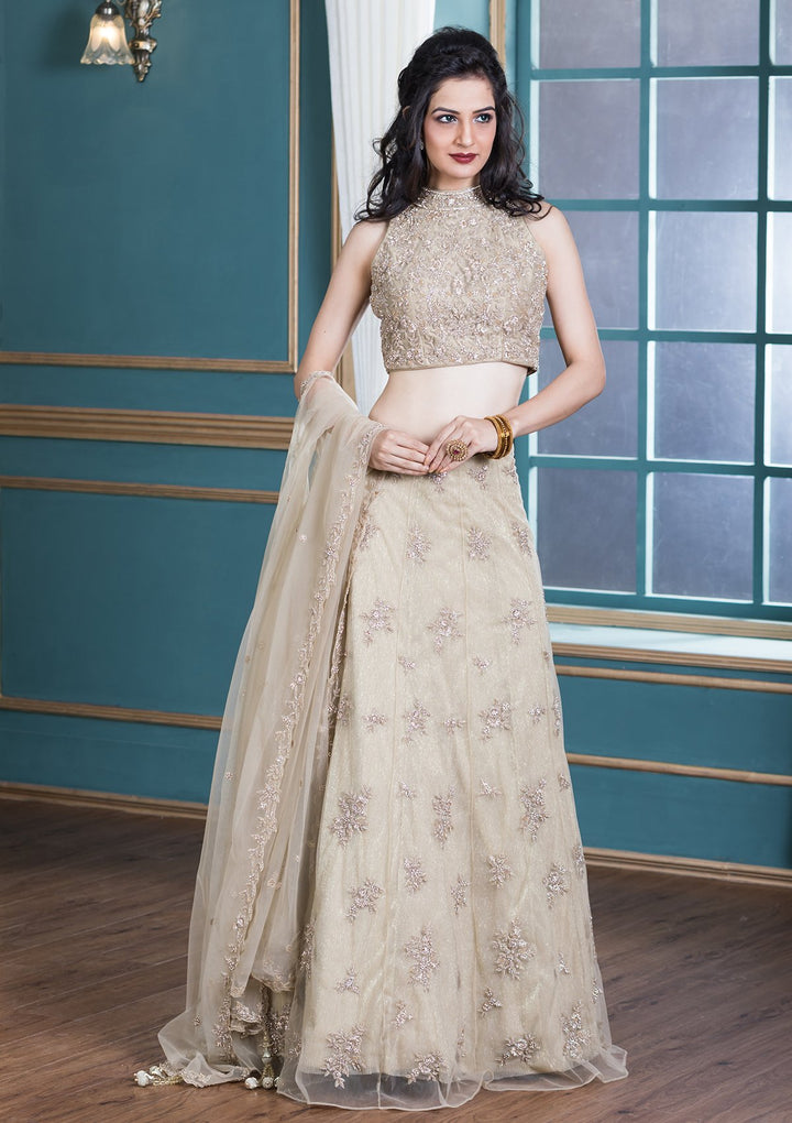 Beige Sequinned Net Designer Lehenga-Koskii
