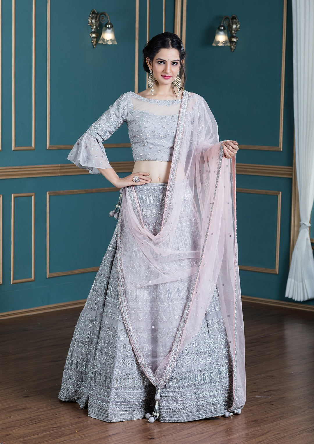 Grey Zardozi Tissue Designer Lehenga-Koskii