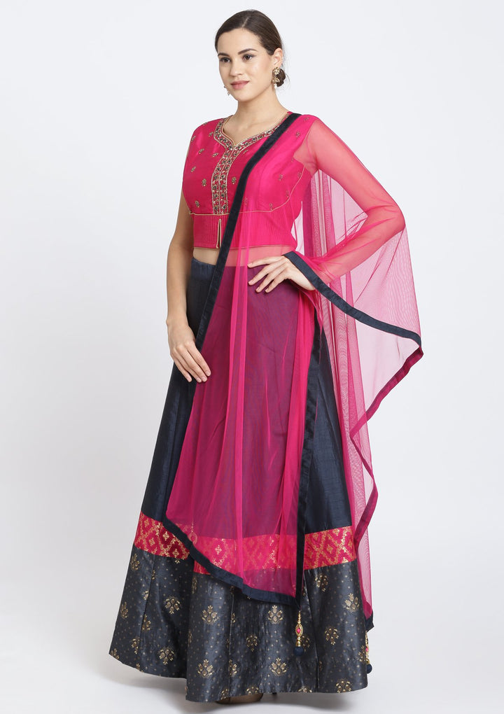 Navy Blue and Fuschia Cutdana Rawsilk Designer Lehenga-Koskii