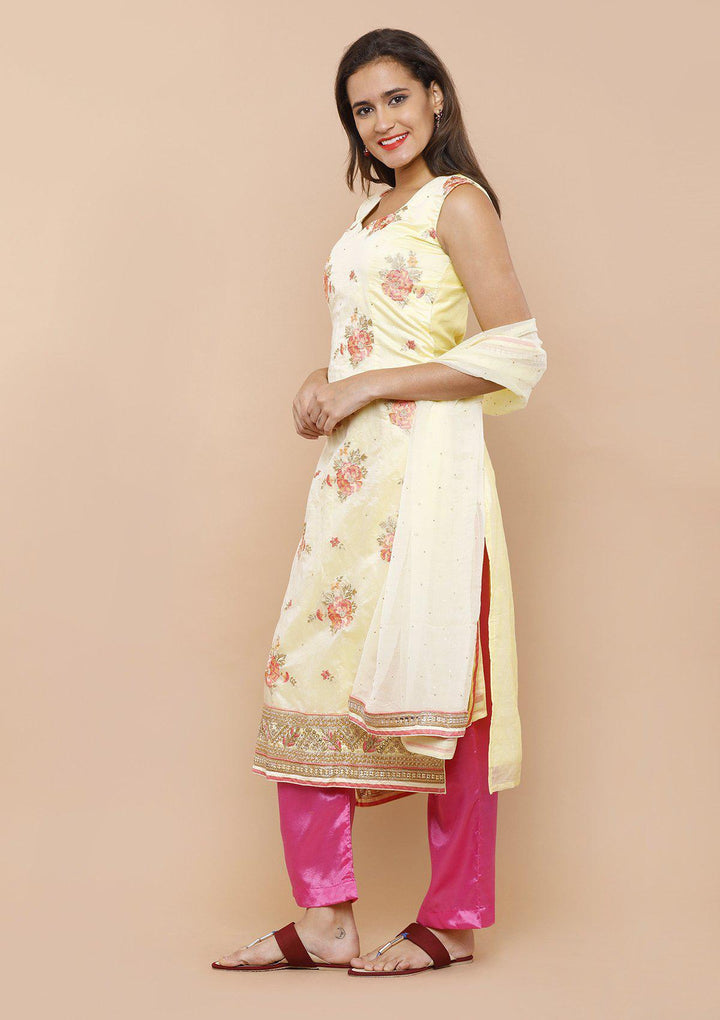 Yellow and Pink Floral Designer Salwar Suit-Koskii