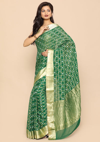 Green Chequered Handmade Saree-Koskii