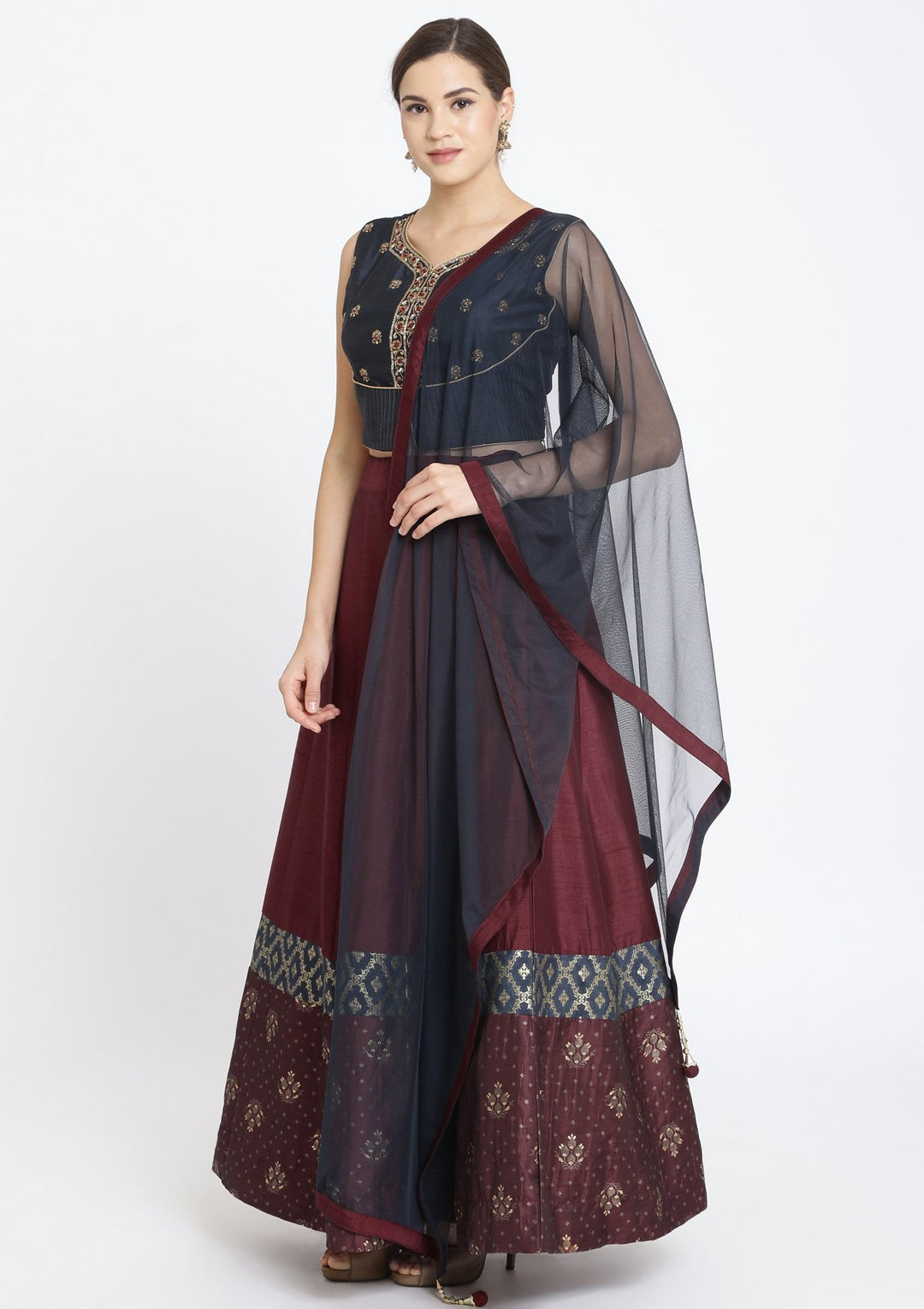 Maroon and Black Cutdana Rawsilk Designer Lehenga-Koskii