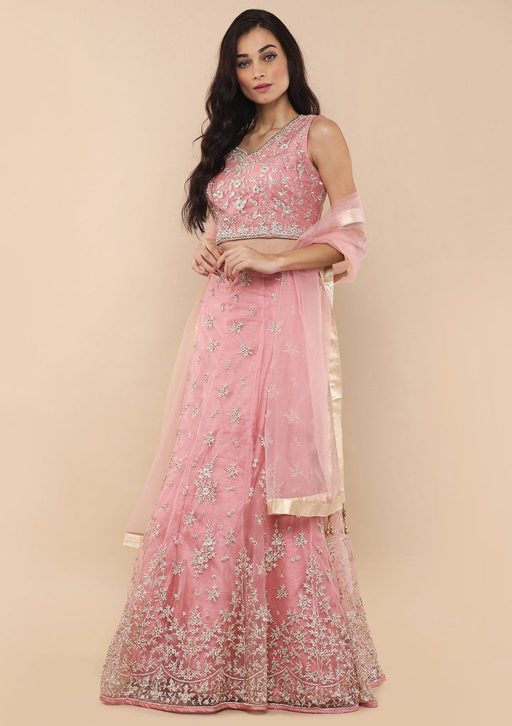 Pink Zari Work Silk Designer Lehenga-Koskii