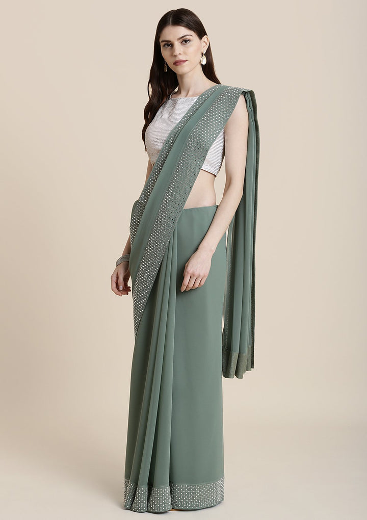 Sea Green Swarovski Georgette Designer Saree-Koskii