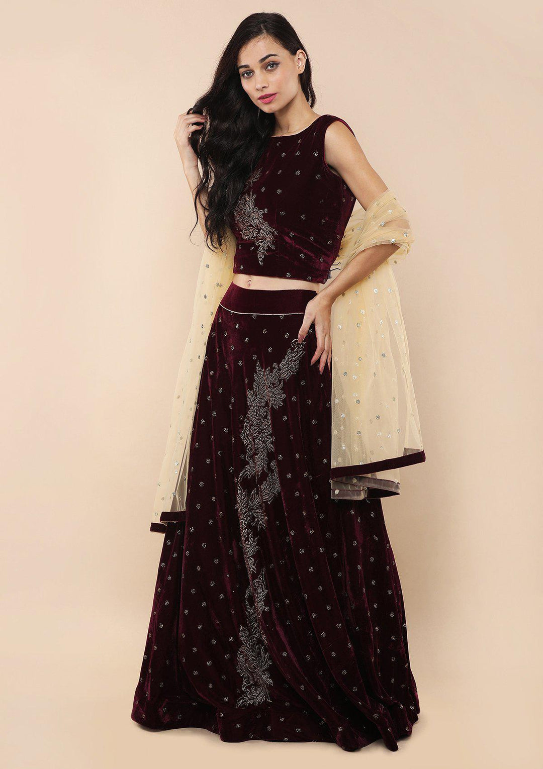Red Wine Micro Stone Velvet Designer Lehenga-Koskii