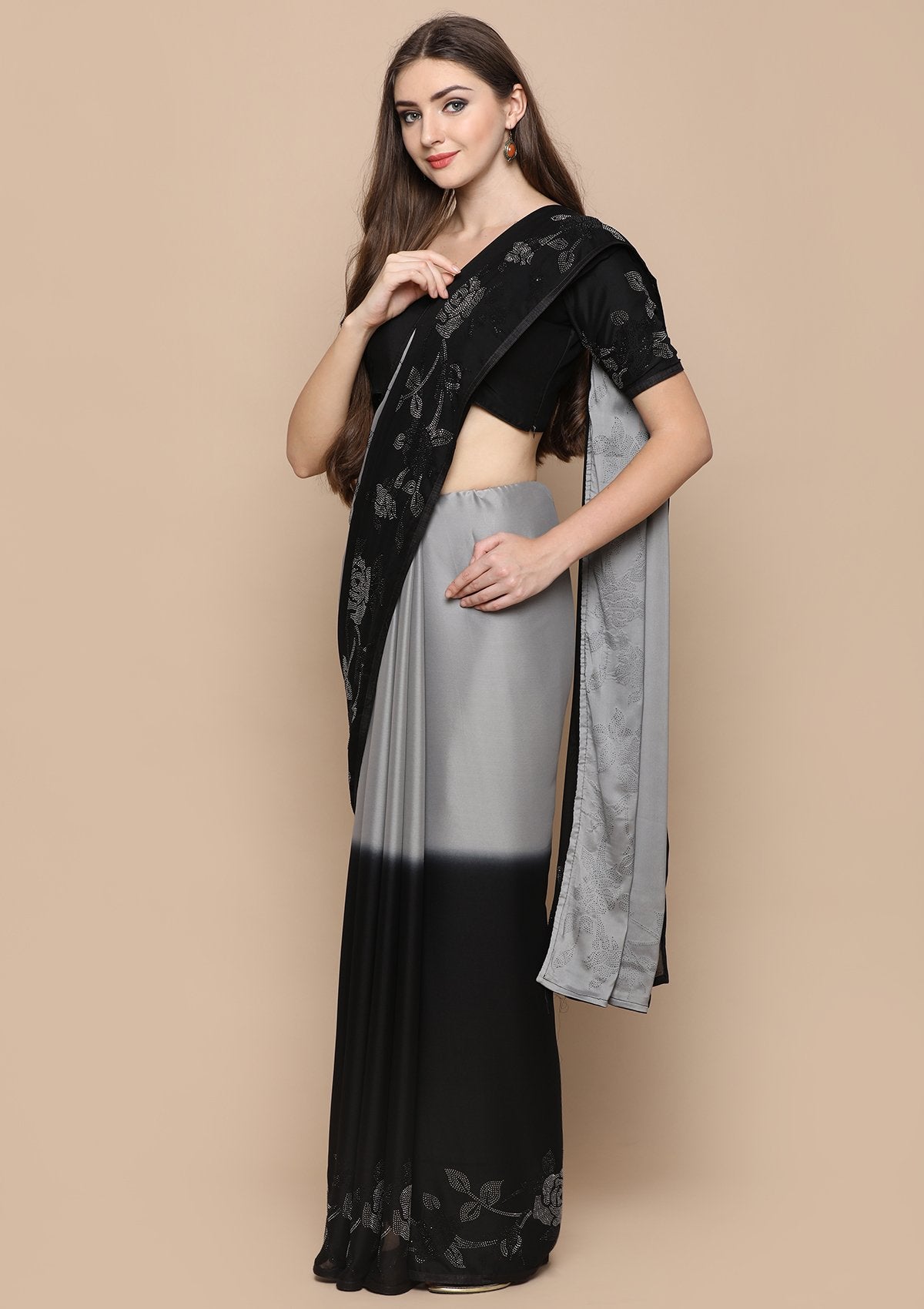 Black and Grey Floral Crepe Designer Saree-Koskii