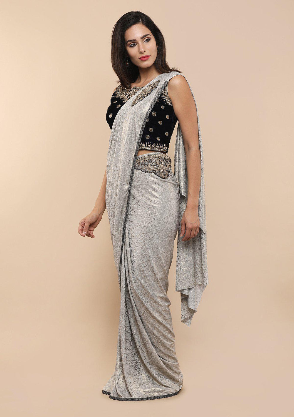 Blue and Grey Embellished Designer Saree-Koskii