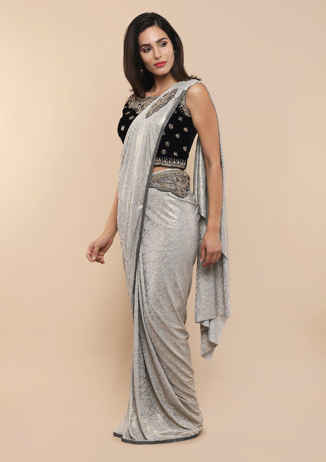 Blue and Grey Embellished Designer Saree-Koskii