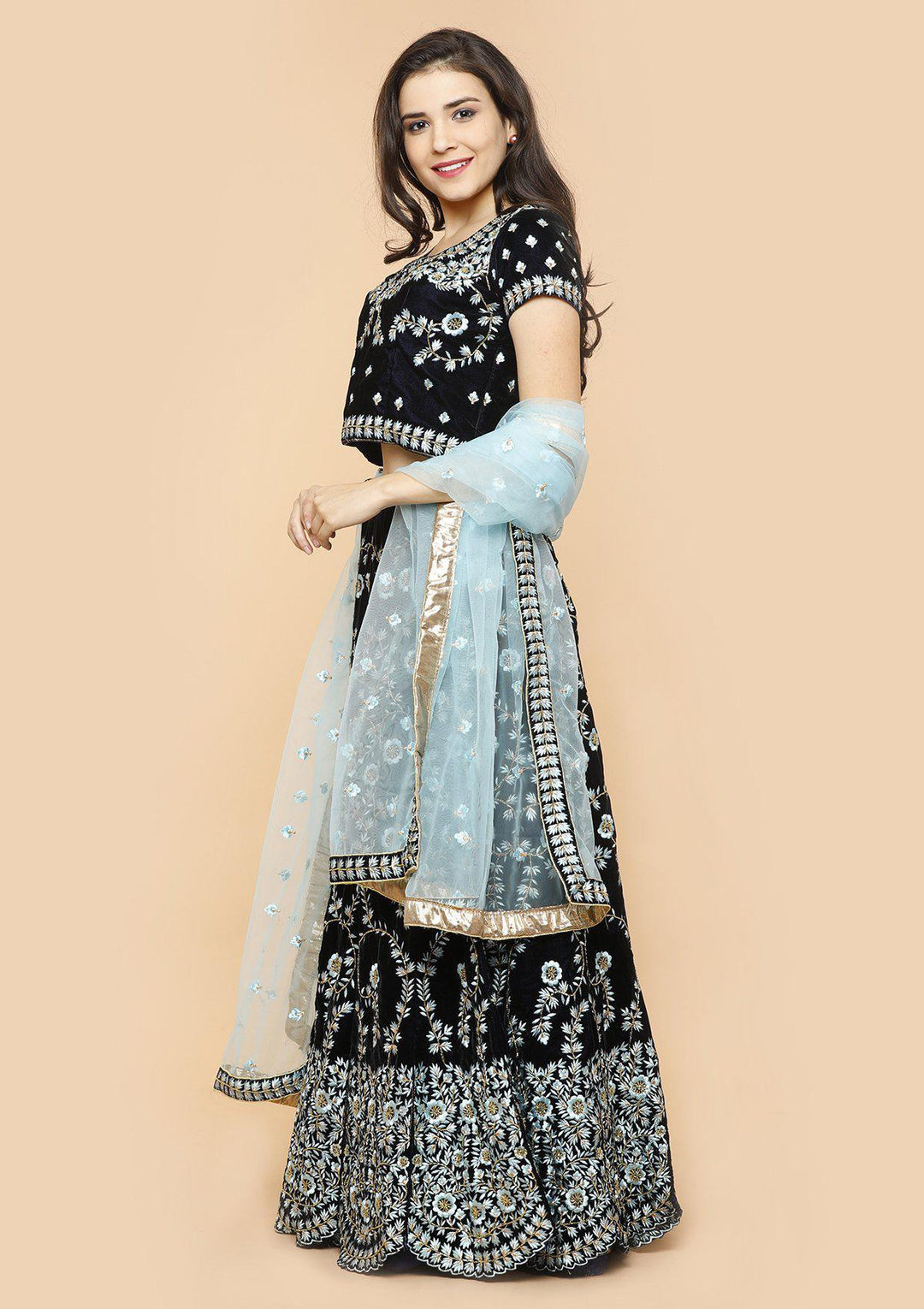 koskii blue floral velvet bridal lehenga-Koskii
