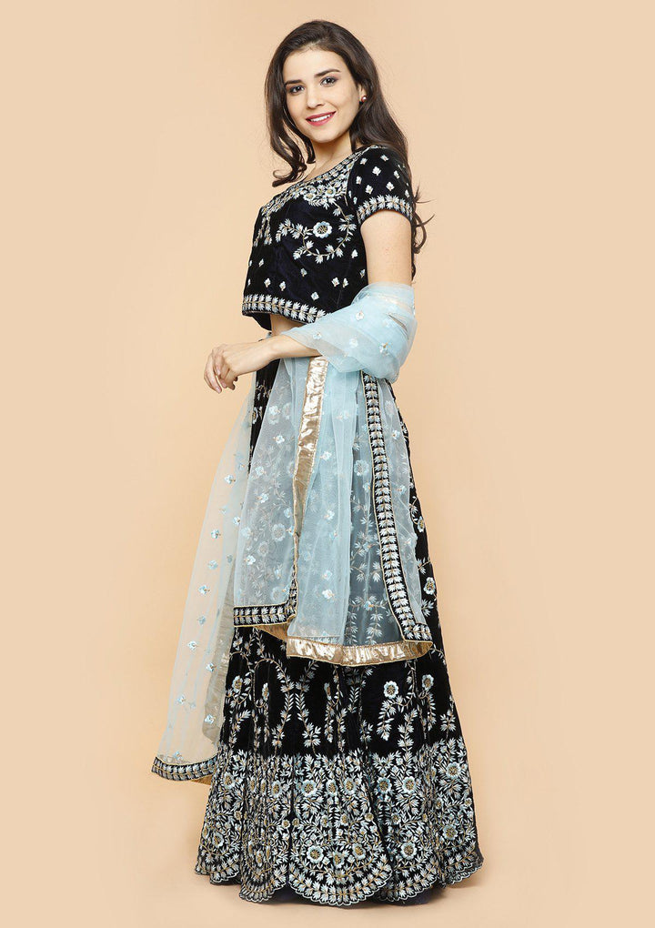koskii blue floral velvet bridal lehenga-Koskii