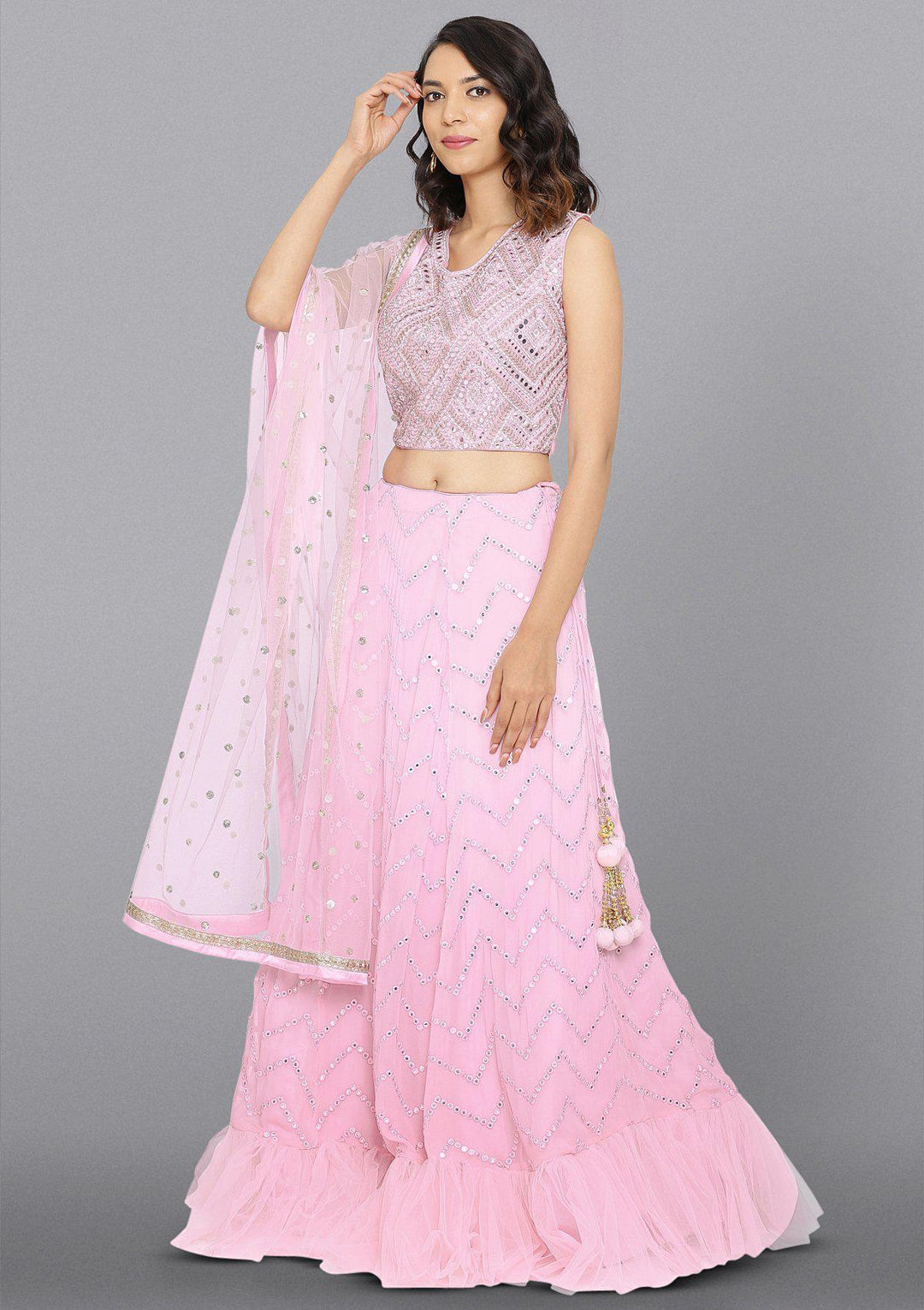 Baby Pink Mirrorwork Net Designer Lehenga-Koskii