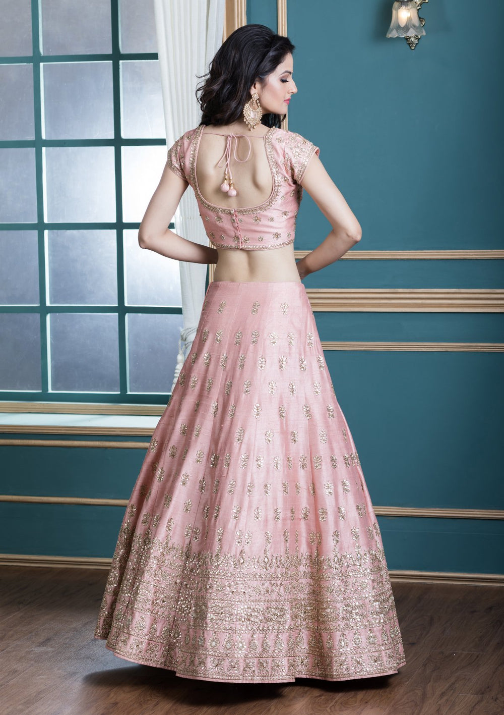 Peach Floral Stonework Silk Designer Lehenga-Koskii