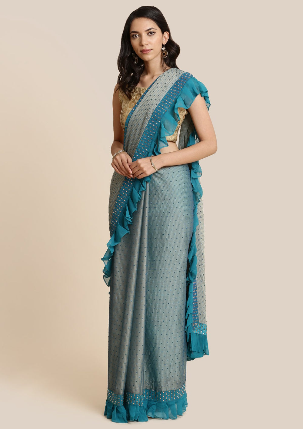 Sea Green Swarovski Georgette Designer Saree-Koskii