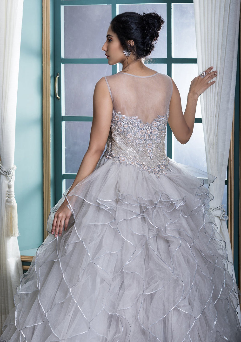 Grey Lace Work Net Designer Gown-Koskii