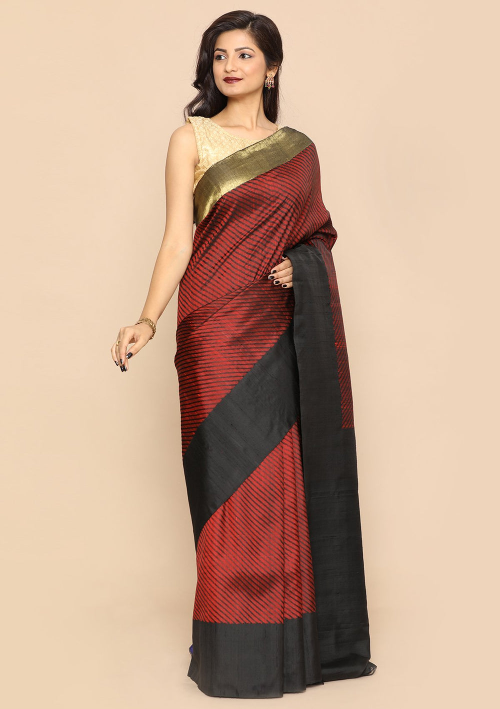 Maroon and Black Handmade Saree-Koskii