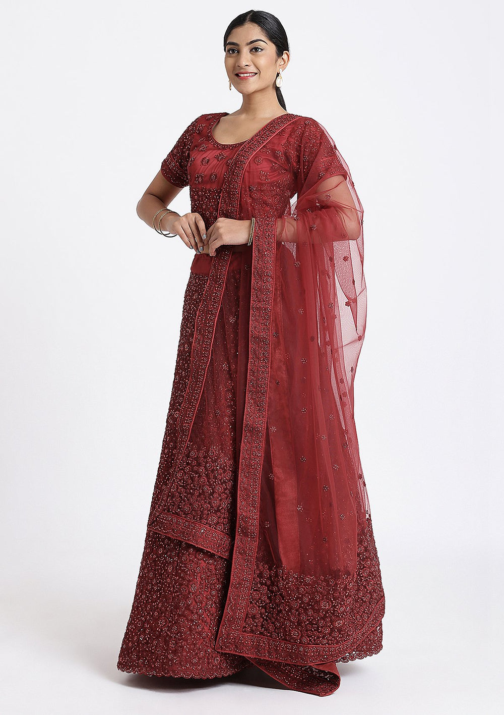 Maroon Stone Work Net designer Lehenga-Koskii