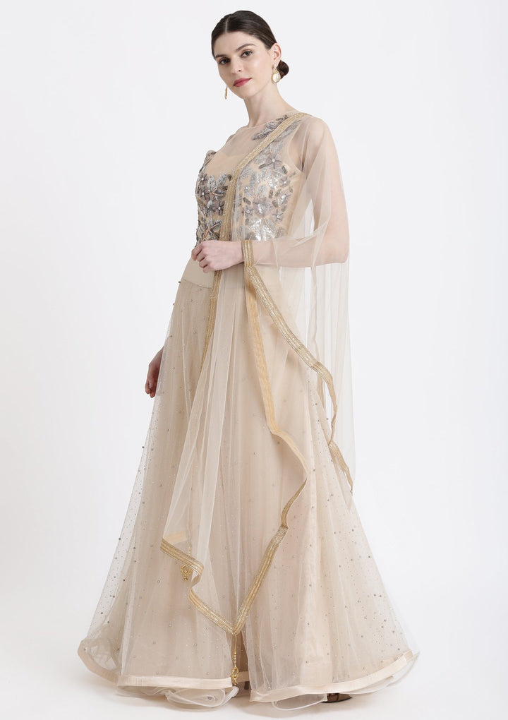 Beige Sequins Net Designer Lehenga-Koskii
