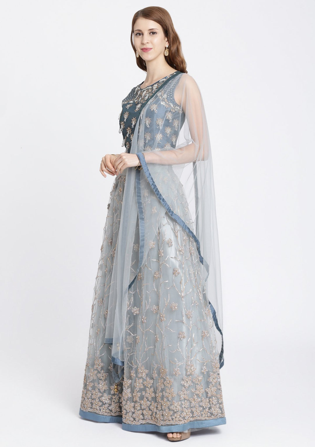 Light Grey Stonework Net Designer Lehenga-Koskii
