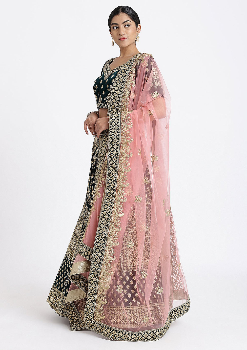 Bottle Green Zariwork Velvet Designer Lehenga-Koskii