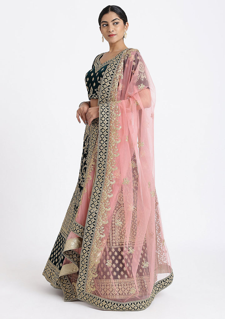 Bottle Green Zariwork Velvet Designer Lehenga-Koskii