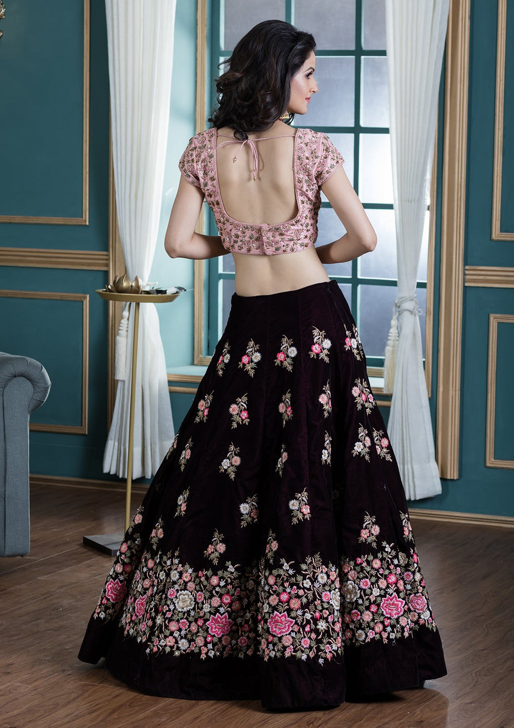 Wine Red Threadwork Velvet Designer Lehenga-Koskii