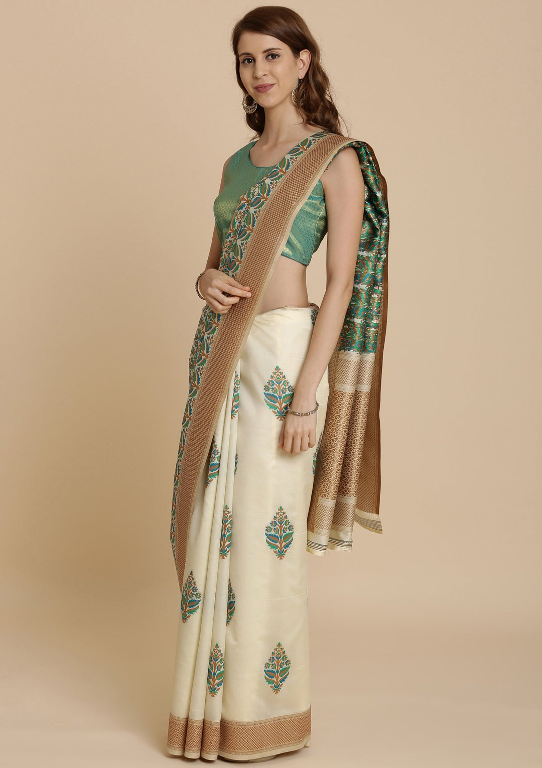 Green and Cream Thread Work Art Silk Designer Saree-Koskii
