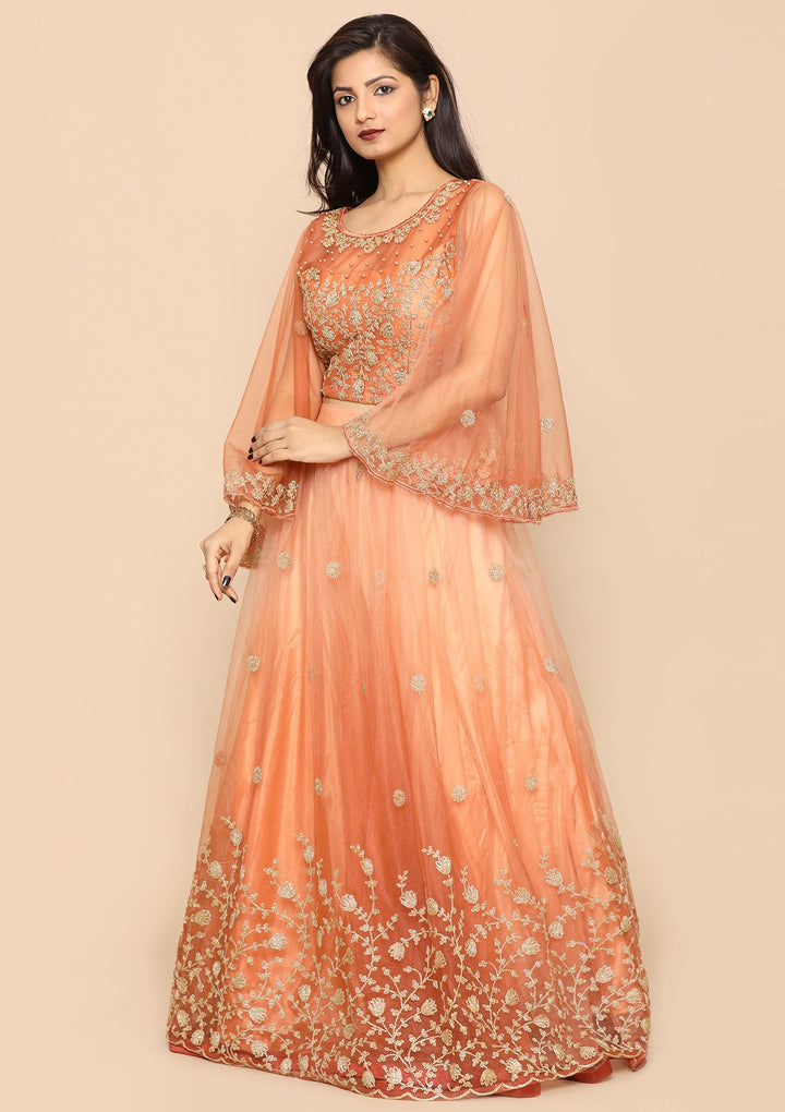 Peach Thread Work Net Designer Lehenga-Koskii
