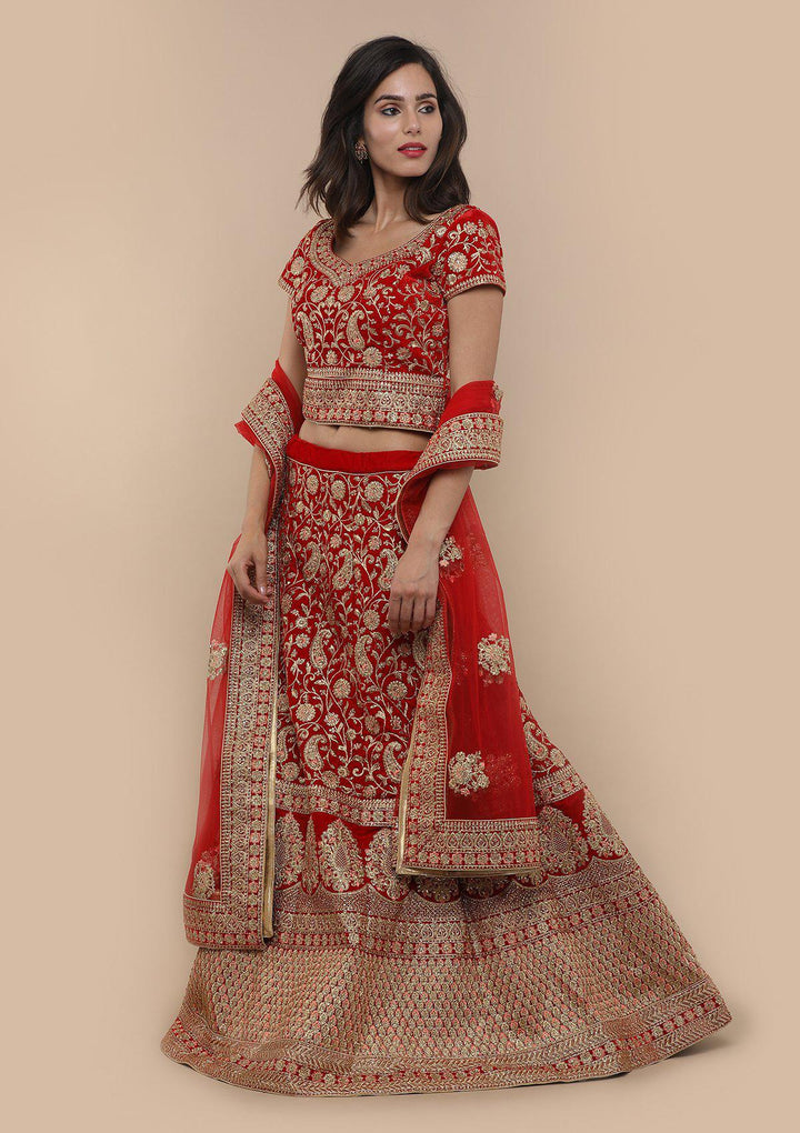 Red Stone Work Velvet Designer Lehenga-Koskii