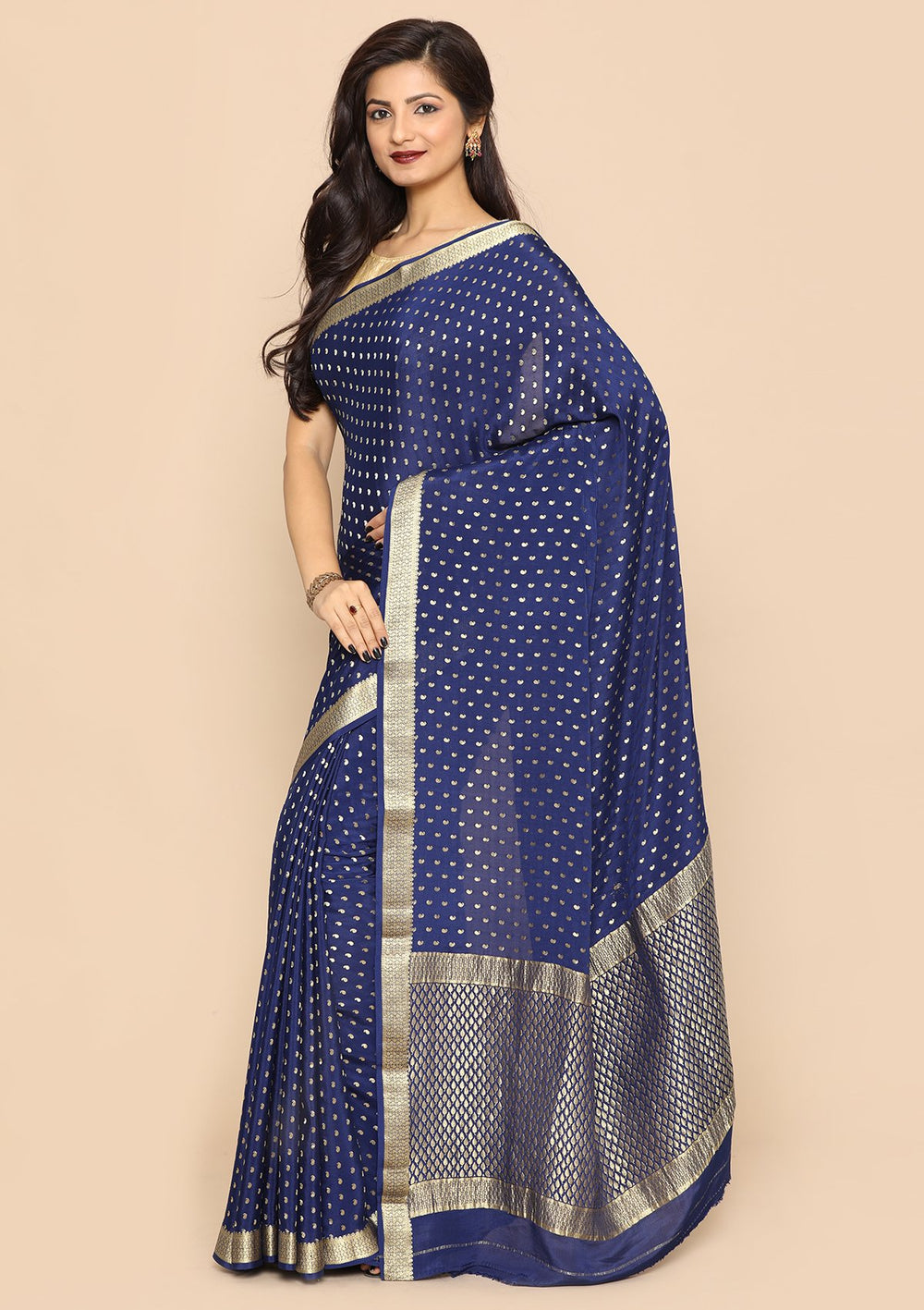 Blue and Gold Handmade Saree-Koskii