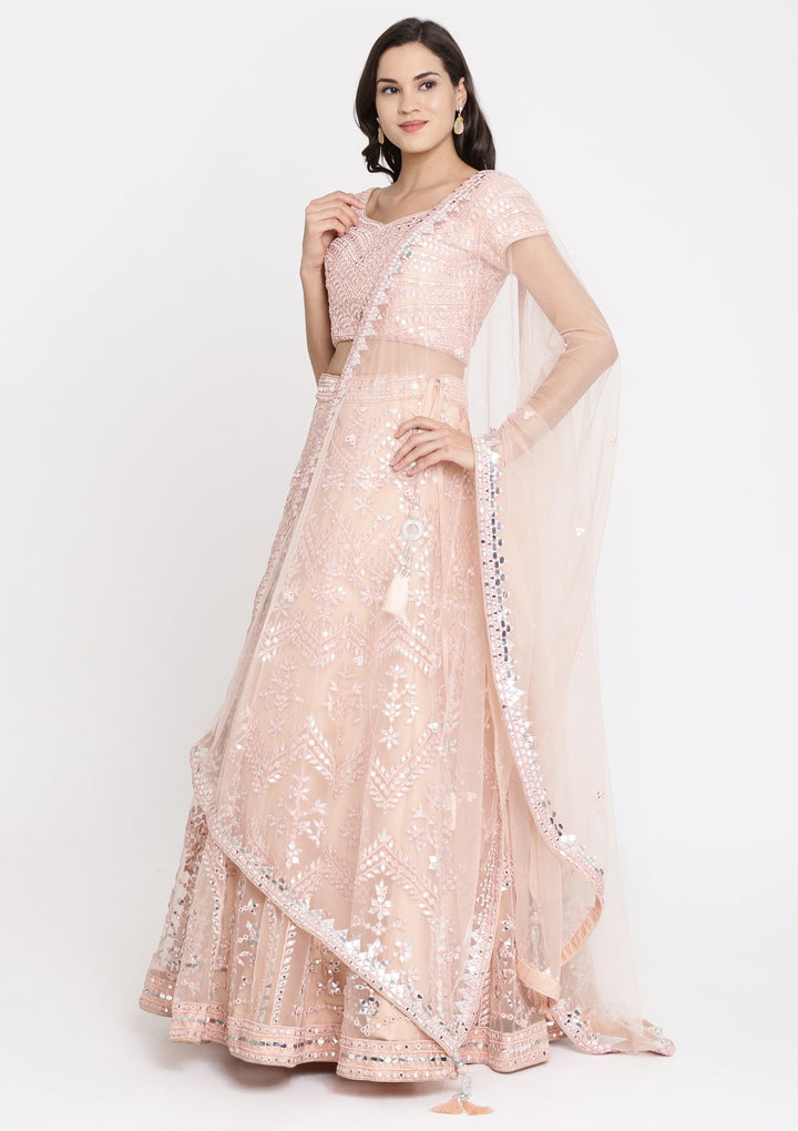 Peach Mirrorwork Net Designer Lehenga-Koskii
